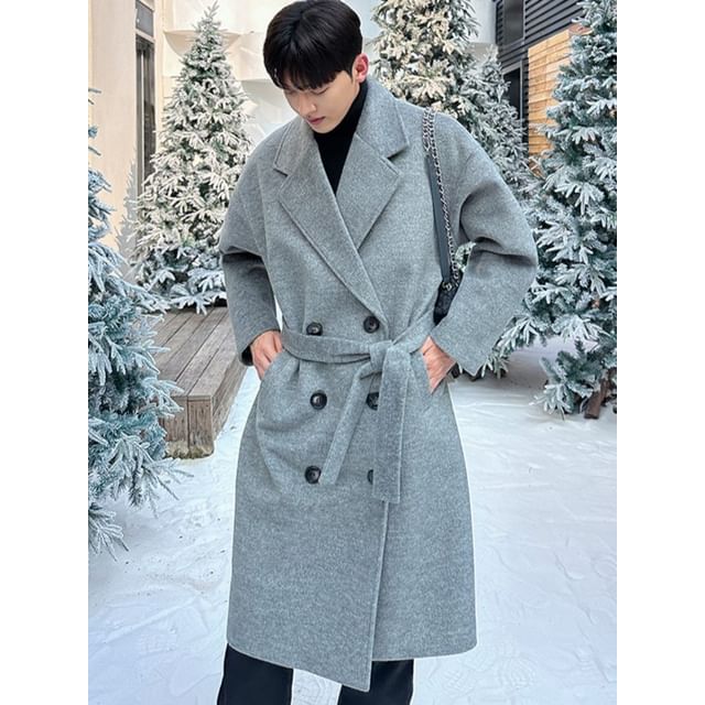 Orungeetun-Notch Lapel Double-Breasted Plain Long Coat