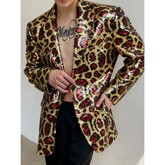 Orungeetun-Notch Lapel Leopard Print Sequin One-Buttoned Blazer