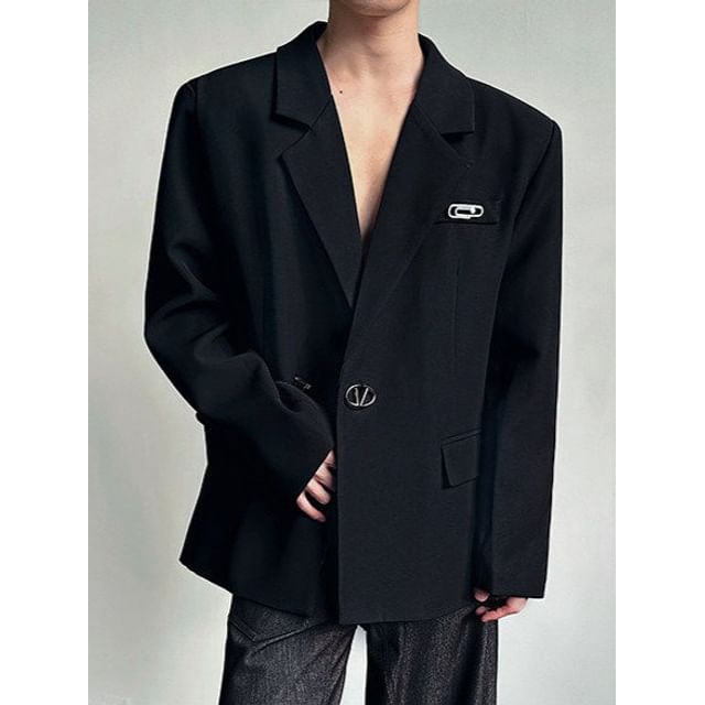 Orungeetun-Notch Lapel Plain Buckle Blazer