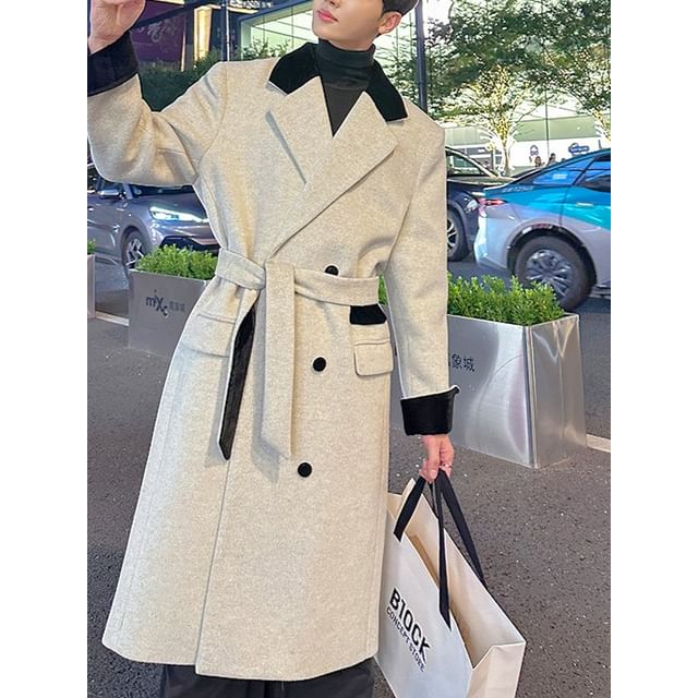 Orungeetun-Notch Lapel Two Tone Double-Breasted Long Coat