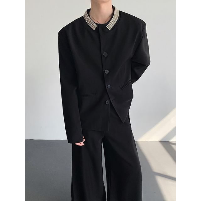 Orungeetun-Rhinestone Button-Up Blazer