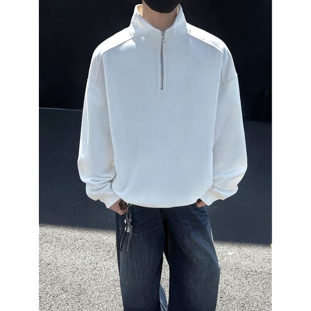 Orungeetun-Stand Collar Half-Zip Plain Sweatshirt