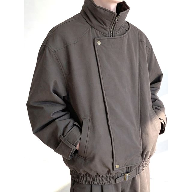 Orungeetun-Stand Collar Plain Zip Puffer Jacket