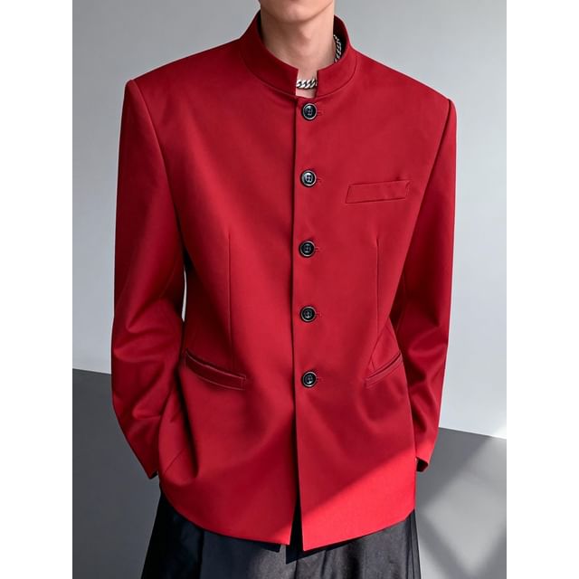 Orungeetun-Stand Collar Single-Breasted Plain Blazer