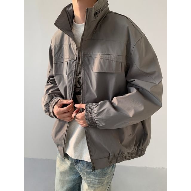 Orungeetun-Stand Collar Zip-Up Plain Cargo Jacket