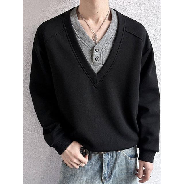 Orungeetun-V-Neck Mock Two Piece Button Sweatshirt