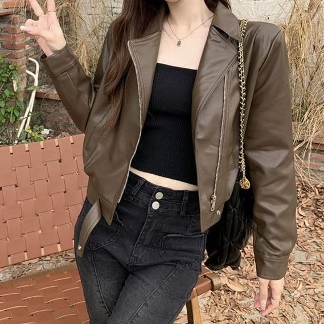 OUREA-Collar Plain Faux Leather Zip Biker Jacket
