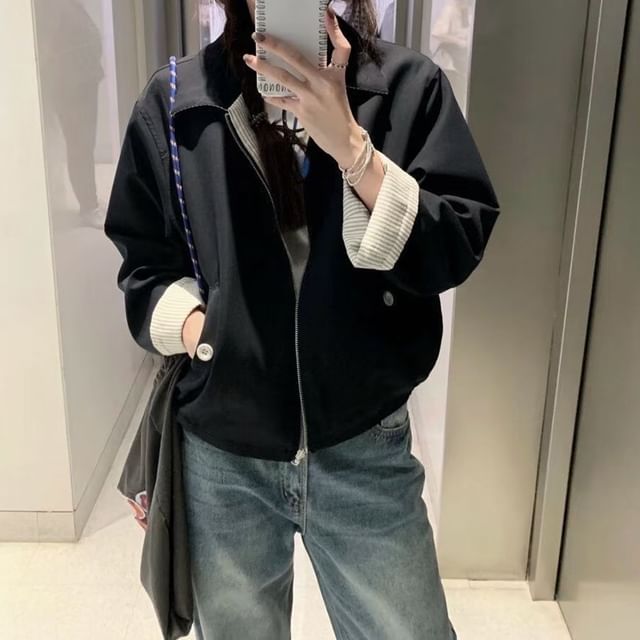OUREA-Collared Striped Reversible Zip Jacket