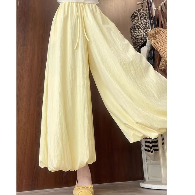 OUREA-Drawstring Waist Plain Bubble Hem Cropped Culottes