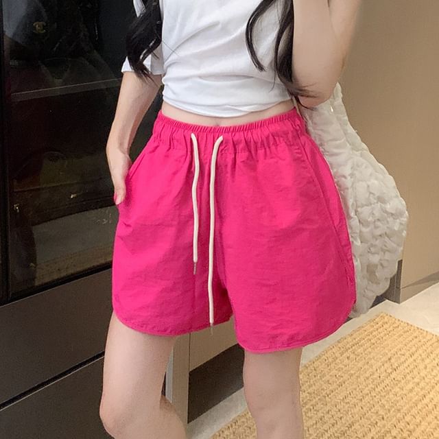 OUREA-Drawstring Waist Plain Wide Leg Shorts