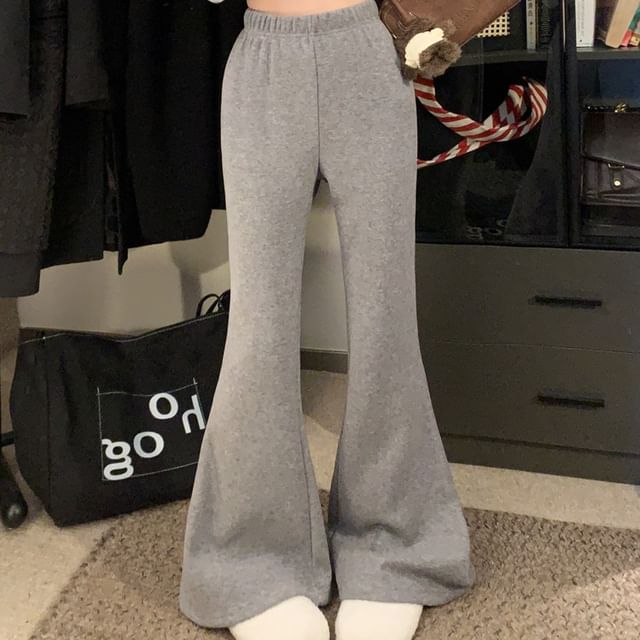 OUREA-Elastic Waist Plain Bell Bottom Sweatpants