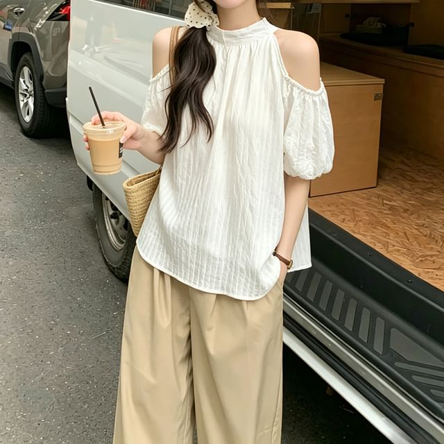 OUREA-Elbow-Sleeve Cold Shoulder Plain Crop Blouse
