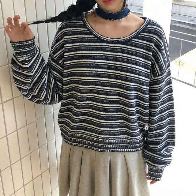 OUREA-Long-Sleeve Crew Neck Striped Sweater
