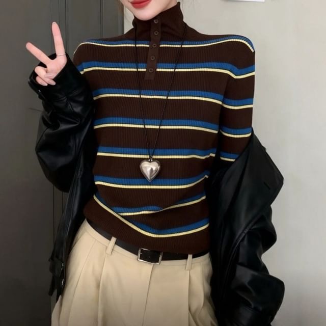 OUREA-Long Sleeve Mock Neck Striped Button Ribbed Knit Top