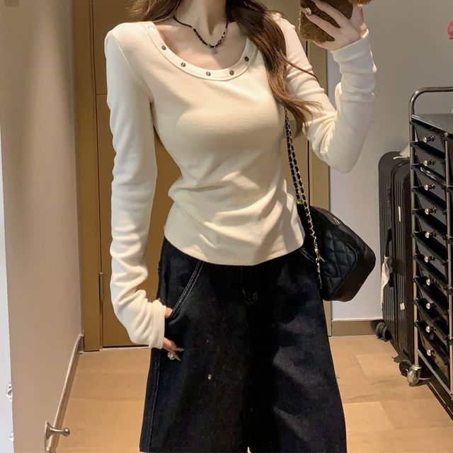 OUREA-Long-Sleeve Scoop Neck Plain Studded Tee