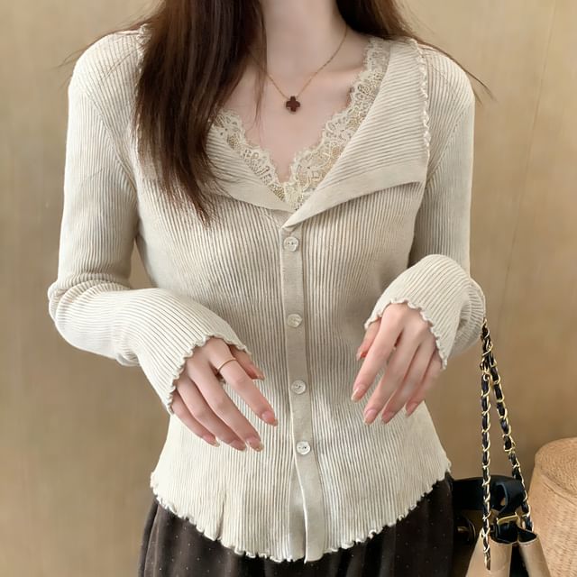 OUREA-Long Sleeve V-Neck Plain Button Lace Panel Ribbed Knit Top