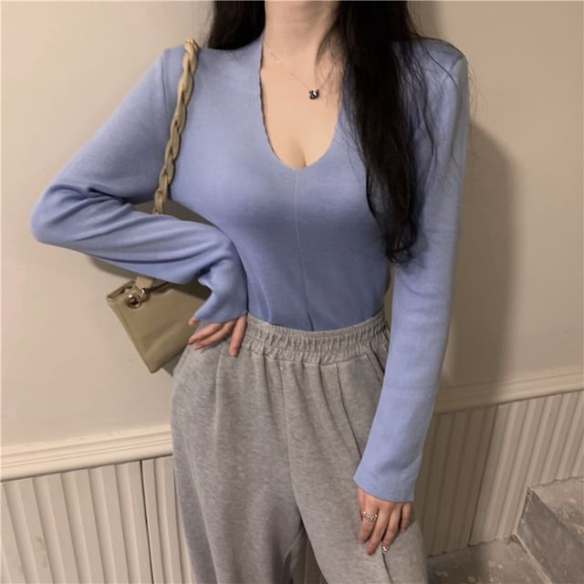 OUREA-Long-Sleeve V-Neck Plain Knit Top