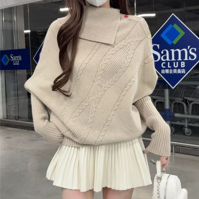 OUREA-Mock Neck Cable Knit Sweater