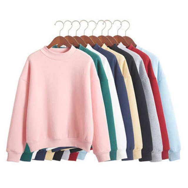 OUREA-Mock Neck Plain Fleece-Lined Pullover