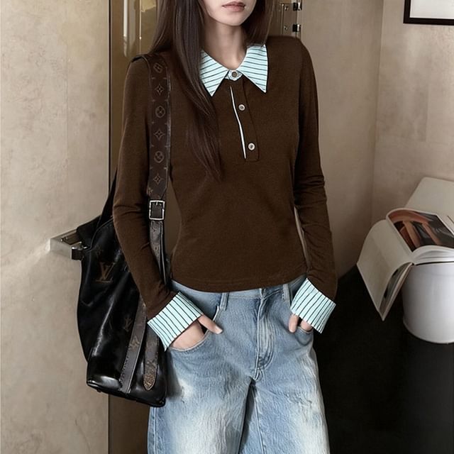 OUREA-Mock Two-Piece Long-Sleeve Collared Striped Panel Slim Fit Tee