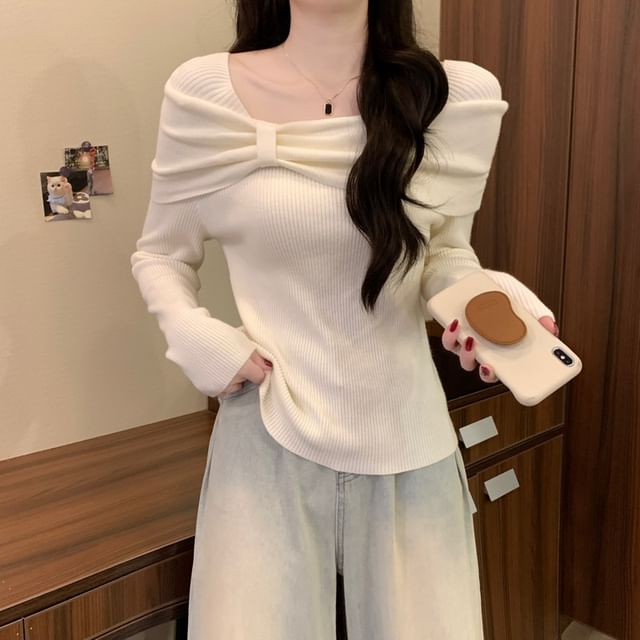 OUREA-Off Shoulder Plain Ruched Sweater