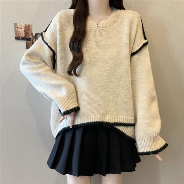 OUREA-Round Neck Two Tone Asymmetrical Sweater