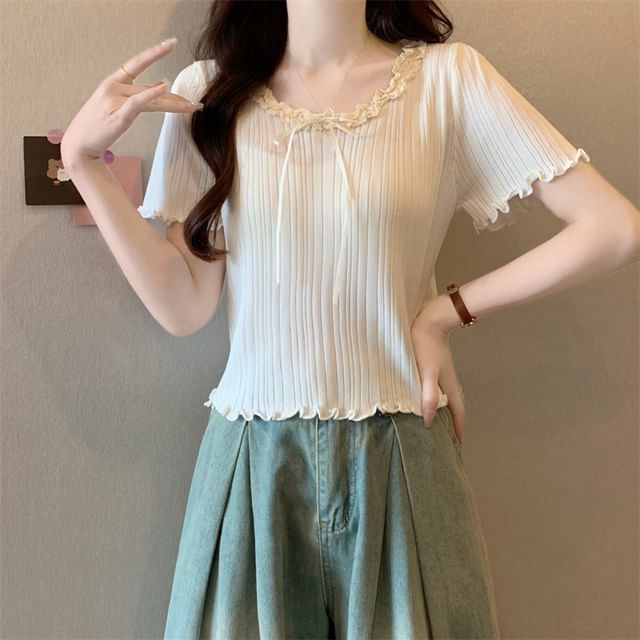 OUREA-Short-Sleeve Scoop Neck Plain Ribbed Knit Top