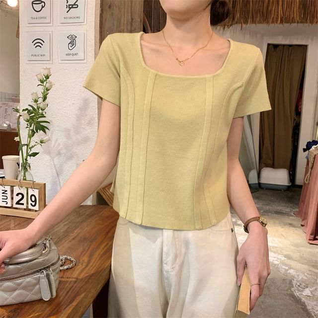 OUREA-Short-Sleeve Square Neck Plain Crop Knit Top