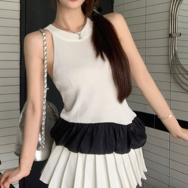 OUREA-Sleeveless Crew Neck Plain Ruffle Trim Top