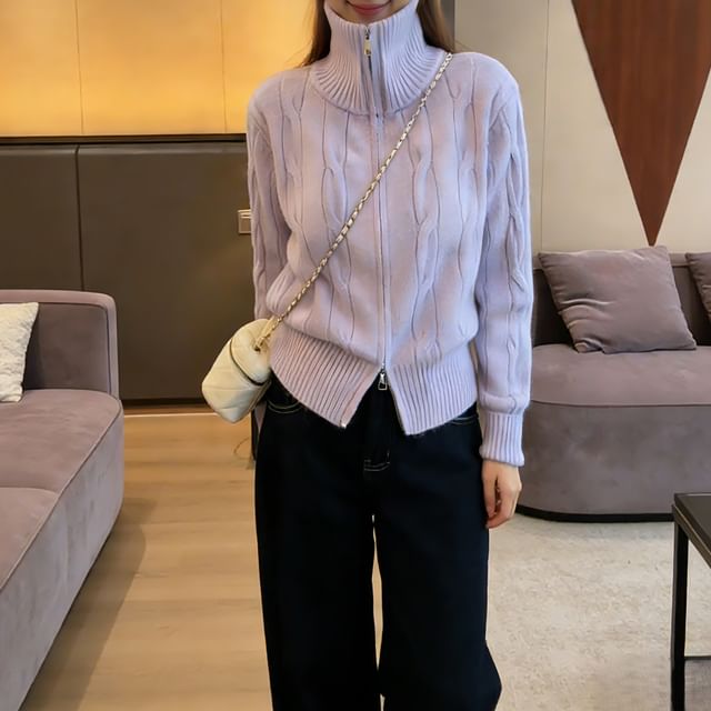 OUREA-Stand Collar Plain Cable Knit Zip Cardigan