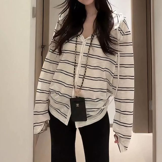 OUREA-Striped Hood Button Jacket