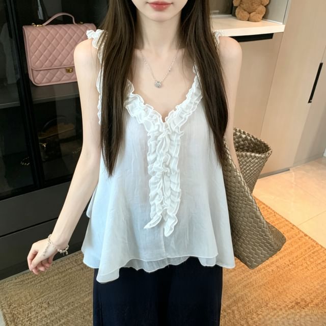 OUREA-V-Neck Plain Frill Trim Tank Top