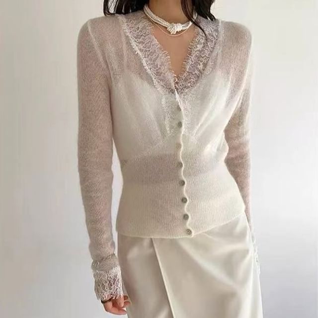 OUREA-V-Neck Plain Panel Lace Cardigan
