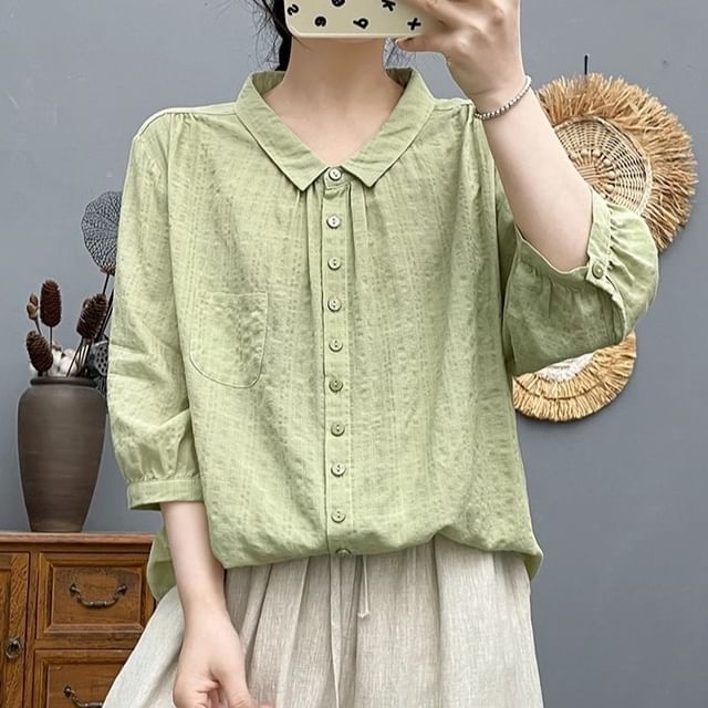 PANDAGO-34 Sleeve Collared Plain Blouse