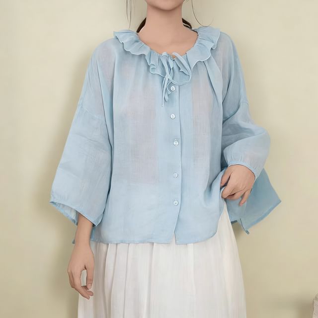PANDAGO-34-Sleeve Ruffle Plain Blouse