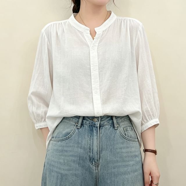 PANDAGO-34-Sleeve Stand Collar Plain Shirt