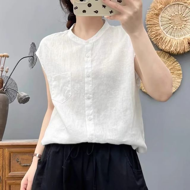 PANDAGO-Cap Sleeve Band Collar Plain Blouse