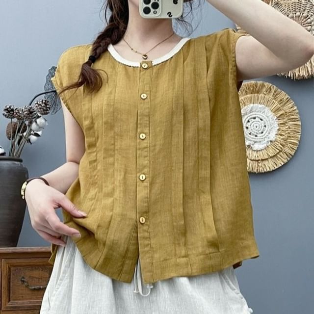 PANDAGO-Cap-Sleeve Contrast Trim Shirt