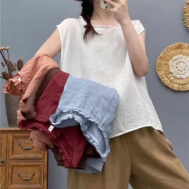 PANDAGO-Cap Sleeve Crew Neck Plain Frill Top