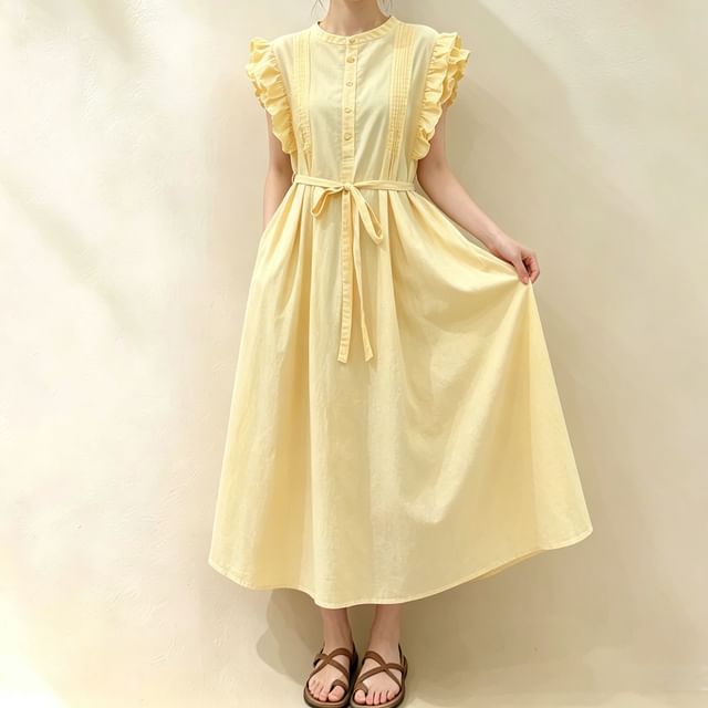 PANDAGO-Cap-Sleeve Crew Neck Ruffle Trim Pintuck Half-Buttoned Plain Midi A-Line Dress