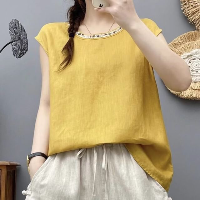PANDAGO-Cap Sleeve Round Neck Beaded Top