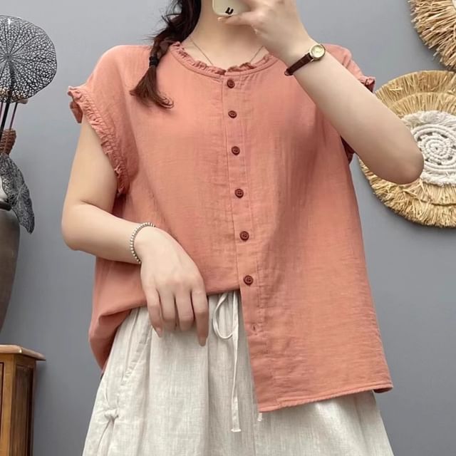 PANDAGO-Cap Sleeve Round Neck Plain Frill Blouse