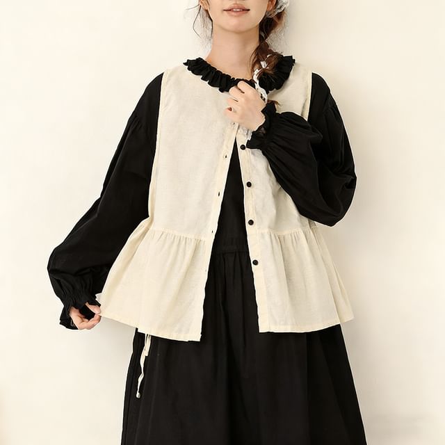 PANDAGO-Crew Neck Frill Trim Button-Up Vest