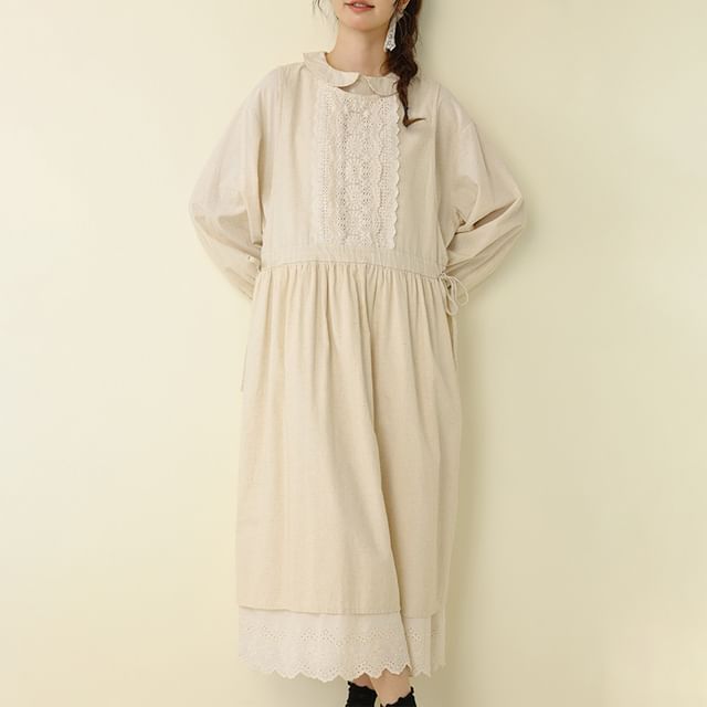 PANDAGO-Crew Neck Lace Panel Drawstring Waist Midi Dungaree Dress