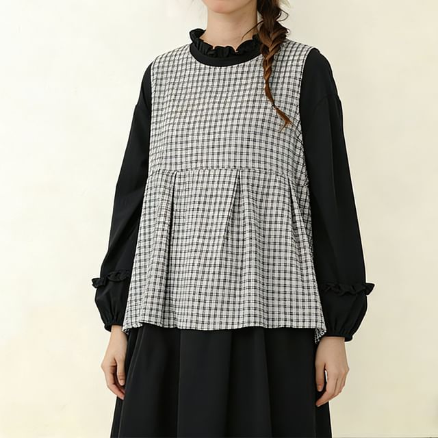 PANDAGO-Crew Neck Plaid Pleated Half-Buttoned Vest