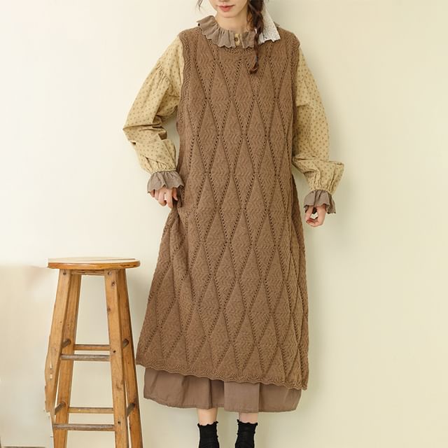 PANDAGO-Crew Neck Plain Perforated Long Sweater Vest