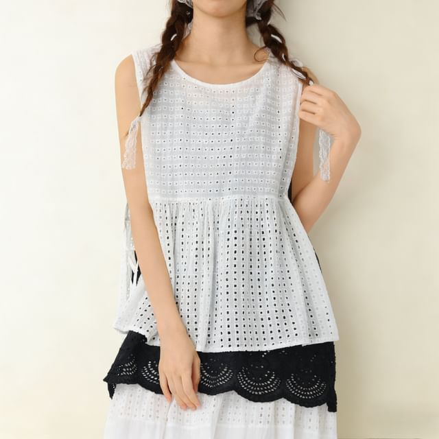 PANDAGO-Crewneck Perforated Plain Tank Top