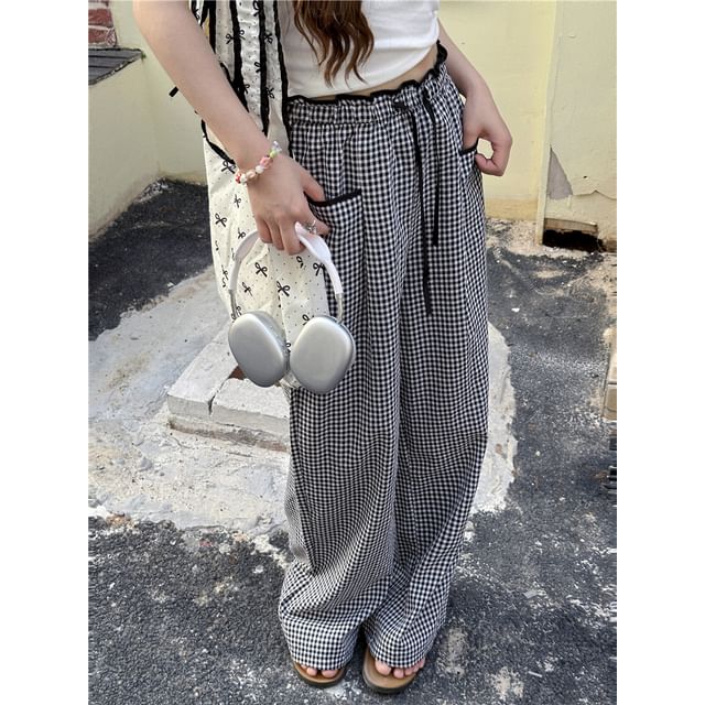 PANDAGO-Drawstring Waist Plaid Wide Leg Pants