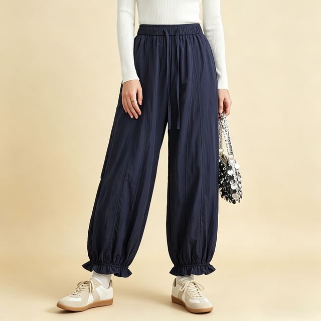 PANDAGO-Drawstring Waist Plain Crop Harem Pants