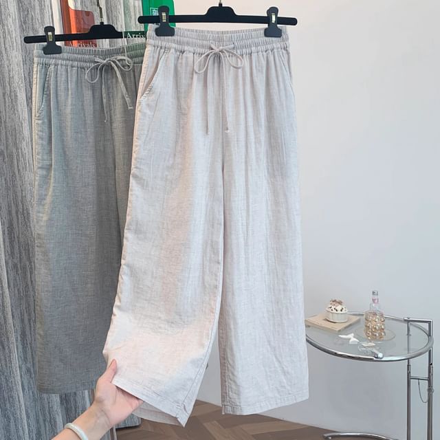 PANDAGO-Drawstring Waist Plain Wide Leg Pants